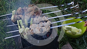 The shish kebab is cooked on the grill. The man blows air over the coals