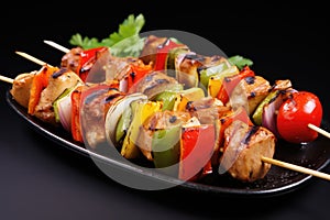 Shish kebab or shish kebab, grilled barbecue with vegetables. Fried pieces of pork meat on metal skewers