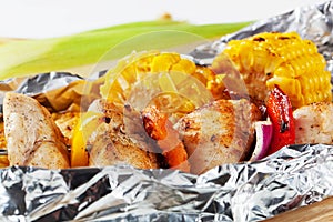 Shish kebab and grilled corn