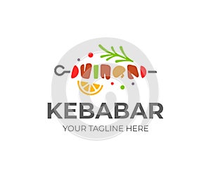 Shish kebab logo design. Meat skewer with vegetable vector design