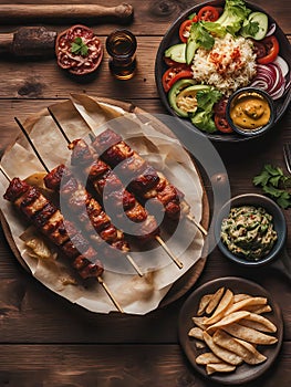 Shish kebab and middle eastern dishes on a dark background.