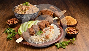 Shish kebab with mixed rice, kibbe and variety of ethnic lebanese food. photo