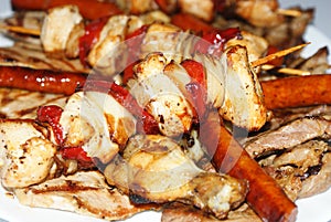 Shish kebab, sausages and meat