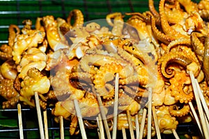 Shish kebab from seafood in the market