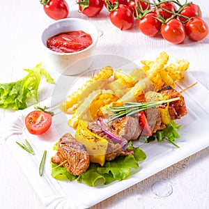 shish kebab skewers with marinated ham meat paprika and red onion