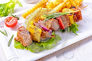 shish kebab skewers with marinated ham meat paprika and red onion