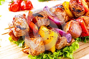 shish kebab skewers with marinated ham meat paprika and red onion