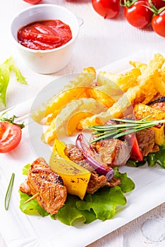 shish kebab skewers with marinated ham meat paprika and red onion