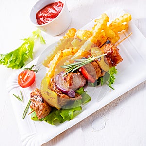 shish kebab skewers with marinated ham meat paprika and red onion