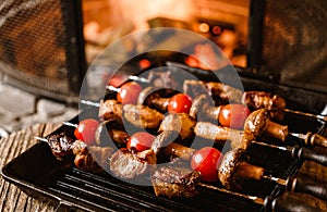 Shish kebab or skewers of meat and vegetables on the grill over background of the bonfire. Healthy food. Hot meat dishes, close up