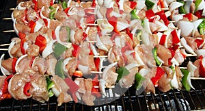 Shish kebobs grilling outdoors