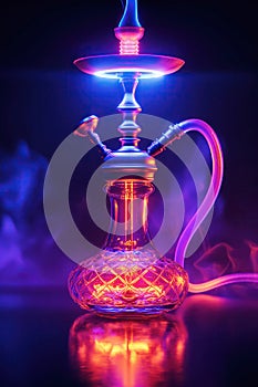 shisha in hookah smoke with colored light on dark multicolored background