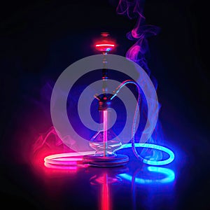 shisha in hookah smoke with colored neon light on black background