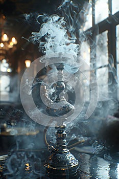 shisha pipe, interior design, cafe, smoke, mist, photo realistic, hyper realistic