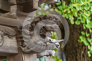 Shishi Lion and Baku (dream Eater), Bakuhana or Zoubana Tapir Nosing wooden carved guardian of Hiruko Jinja or Ebisu Jinja shinto