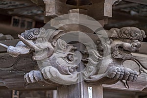 Shishi Lion and Baku (dream Eater), Bakuhana or Zoubana Tapir Nosing wooden carved guardian of Hiruko Jinja or Ebisu Jinja shinto