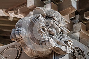 Shishi Lion and Baku (dream Eater), wooden carved guardian of Hiruko Jinja or Ebisu Jinja shinto shrine.