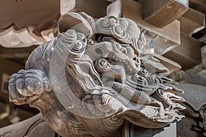 Shishi Lion and Baku (dream Eater), wooden carved guardian of Hiruko Jinja or Ebisu Jinja shinto shrine.