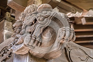 Shishi Lion and Baku (dream Eater), wooden carved guardian of Hiruko Jinja or Ebisu Jinja shinto shrine.