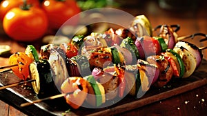 Shishkabob skewered with grilled vegetables. Generative AI
