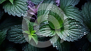 Shiso leaves after the rain, raindrops still remaining on the green leaves