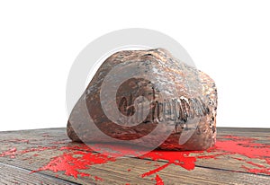 Shit happens text on heavy stone smash and small blood on wood floor 3d illustration