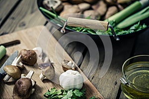Shitake mushroom prepare for cooking on wok and chopping block