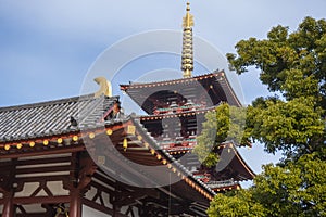 Five-storied Pagoda in Shitennoji Temple, Osaka, Japan. Medium Shot, Low Angle View