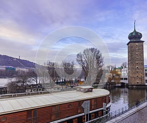 Shitkovska Water Tower and the Slovak Island on the Vltava River in Prague