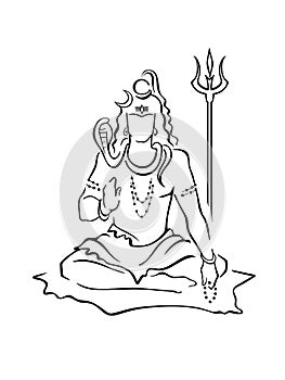 Shiva, Hindu god, giving blessing, sitting with beads, trident. Mahadeva, Adiyogi, supreme deity of destruction, time, dance.