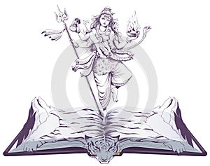 Shiva Indian multi armed god dance on tiger skin open book illustration religion