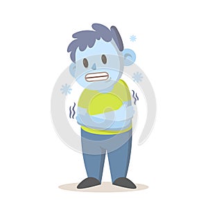 Shivering boy feeling cold, freezing temperature, cold weather. Cartoon character design. Flat vector illustration