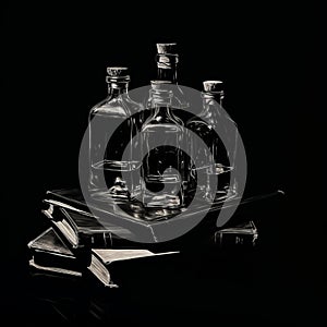 Shivering Glass: Dark Compositions Of Books And Bottles photo