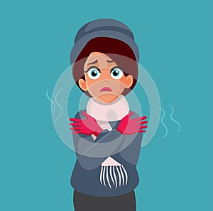 Shivering Woman Freezing During Winter Season Vector Illustration