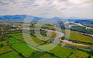 Shkoder Drin and Kir rivers nature in Albania panoramic aerial view