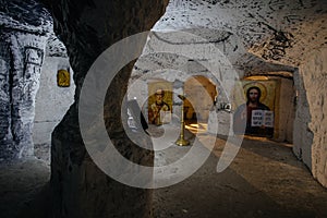 Shmarnenskaya cave. Old abandoned underground chalky monastery