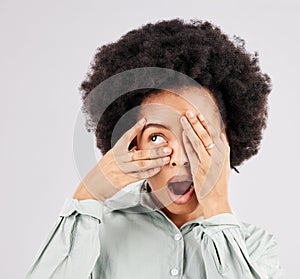 Shock, scared and a black woman looking through hands isolated on a white background in a studio. Wow, scary and an