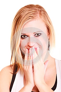 Picture of amazed woman with hand over mouth