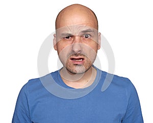 Shocked 40s bald man isolated