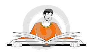 Shocked asian man reading big book flat line color vector character