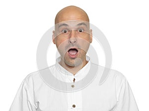Shocked bald man opened his mouth with surprise