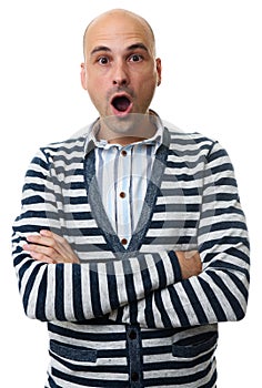 Shocked bald man over white background