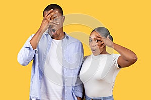 Shocked black couple with hands over eyes, humorous, yellow background