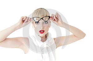 Shocked business woman in glasses.