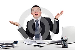 Shocked businessman in panic isolated on white background