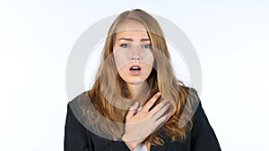 Shocked Businesswoman feeling the Problem, White background