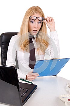 Shocked businesswoman with glasses up