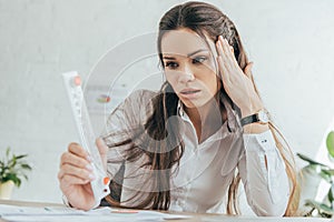 shocked businesswoman looking at thermometer summer heat