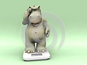 Shocked cartoon hippo on scales.