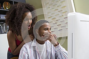 Shocked Couple Looking At Desktop PC